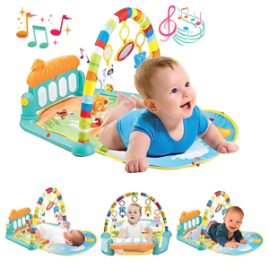 Kid Kraze® Baby Play Mat | Baby Piano Play Mat Gym & Fitness Rack with Hanging Rattles Keyboard Set with Music Mode & Additional Rattle Ball | Farm Print (Pack of 1, Orange/Blue)