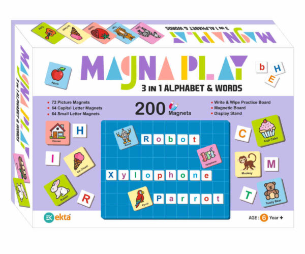 Magna Play 3 in 1 Alphabet & Words – Comprehensive Learning and Creativity Set – Includes Picture Squares, Letter Squares, Magnets, and More