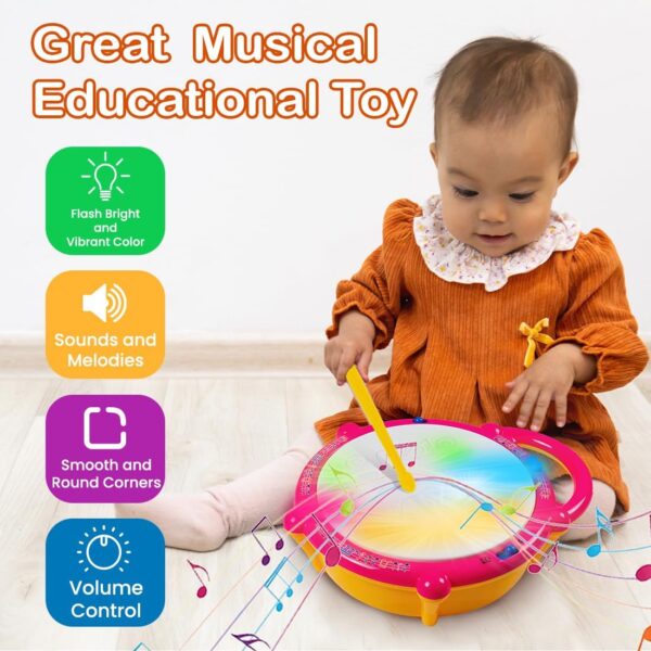 Kid Kraze® Battery Operated 3D Flash Drum Toy with Flash Light & Music Effects | Dynamic Musical Instrument Toy with 2 Mallets for Toddlers | Pink Color - Image 3