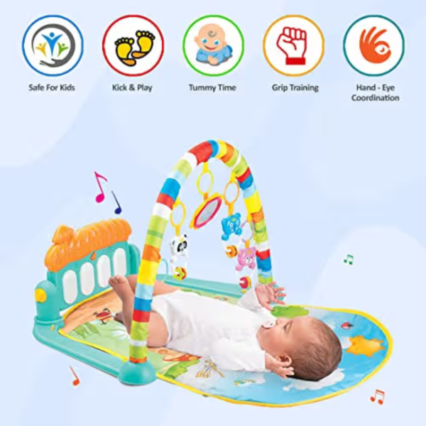 Kid Kraze® Baby Play Mat | Baby Piano Play Mat Gym & Fitness Rack with Hanging Rattles Keyboard Set with Music Mode & Additional Rattle Ball | Farm Print (Pack of 1, Orange/Blue) - Image 4