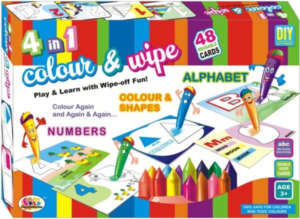 4 In 1 Colour & Wipe Play & Learn with Wipe-off Fun! – Educational Reusable Activity Cards for Kids