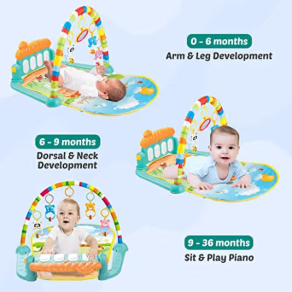 Kid Kraze® Baby Play Mat | Baby Piano Play Mat Gym & Fitness Rack with Hanging Rattles Keyboard Set with Music Mode & Additional Rattle Ball | Farm Print (Pack of 1, Orange/Blue) - Image 3