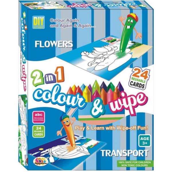 2 In 1 Colour & Wipe (Flowers + Transport) Play & Learn with Wipe-off Fun! – Educational Reusable Activity Cards for Kids