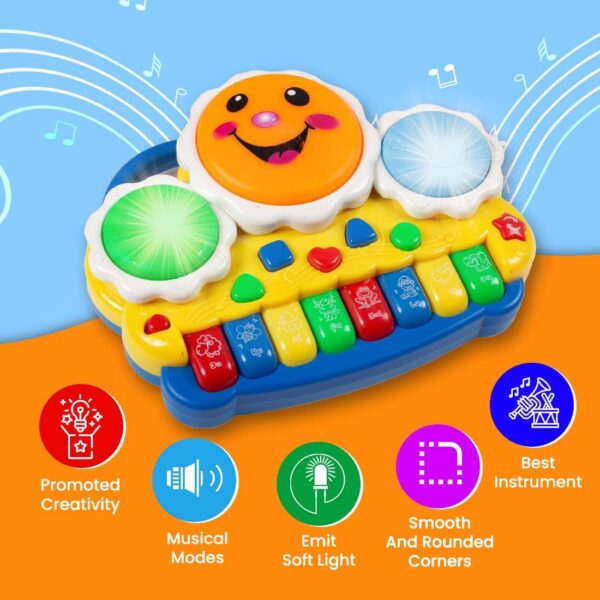 Kid Kraze® Battery Operated 3D Flash Drum Toy with Flash Light & Music Effects | Dynamic Musial Instrument Toy with 2 Mallets for Toddlers (Drum Piano Keyboard) - Image 6
