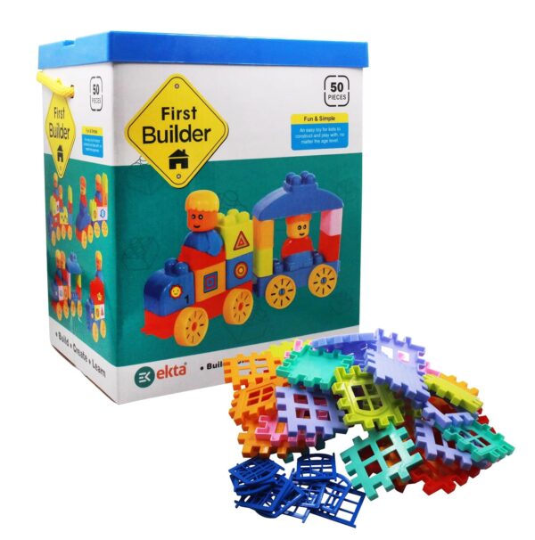 First Builder Build-Create-Learn | Colorful Blocks with Numbers, Shapes, and Object Stickers for Early Learning and Motor Skills Development