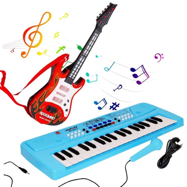 KID KRAZE® Combo 37 Key Piano Keyboard with Recording and Mic with Musical Guitar for Kids Analog Portable Keyboard (Blue)