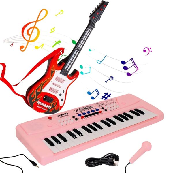 KID KRAZE® Combo 37 Key Piano Keyboard with Recording and Mic with Musical Guitar for Kids - Analog Portable Keyboard (Pink)