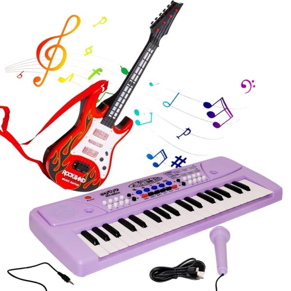 KID KRAZE® Combo 37 Key Piano Keyboard with Recording and Mic with Musical Guitar for Kids - Analog Portable Keyboard (Pink)