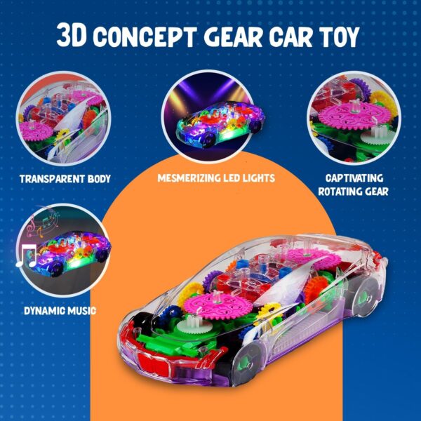 KID KRAZE® 3D Concept Gear Car Toy with 3D Lights and Musical Sounds Effect | Bump N' Go Action Car for Kids/Girls/Boys | Multi Color, Power Source: 3xAA Battery (Not Included) - Image 3