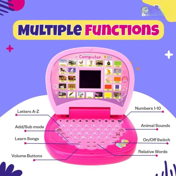 Kid Kraze® Battery Operated Educational Learning Laptop Toy with LED Display and Music Effect | Babies/Girls/Boys/Toddlers | Pink Color, Power Source: 3xAA Battery (Not Included) - Image 2