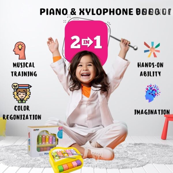 Kid Kraze® 2 in 1 Mini Piano and Xylophone Toy with Colorful Keys & 2 Mallets for Babies/Girls/Boys/Kids/Gifts (Yellow) - Image 4