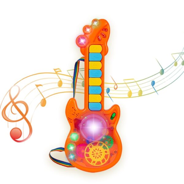 Kid Kraze® Battery Operated Musical Toy Guitar with 8 Keys & 3D Gear & Flash Light Effects for Kids/Baby/Girls/Boys/Gifts/Toddlers | Orange Color, Power Source: 3xAA Battery (Not Included)