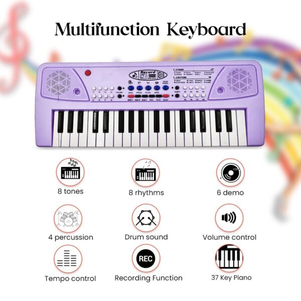 Kid Kraze® Piano for Kids with Mic Recorder - 37 Keys 8 Rhythms 8 Tones 6 Demos Portable Musical Toys, Keyboard Musical Instrument for Boys Girls | Baby Toy for Age 3 to 14 Years (Purple) - Image 2