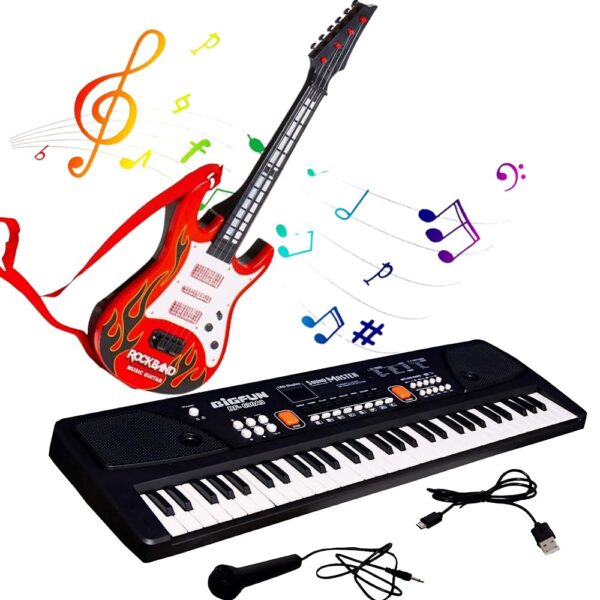 KID KRAZE® Combo 61 Key Piano Keyboard with Recording and Mic with Musical Guitar for Kids - Analog Portable Keyboard (Black)
