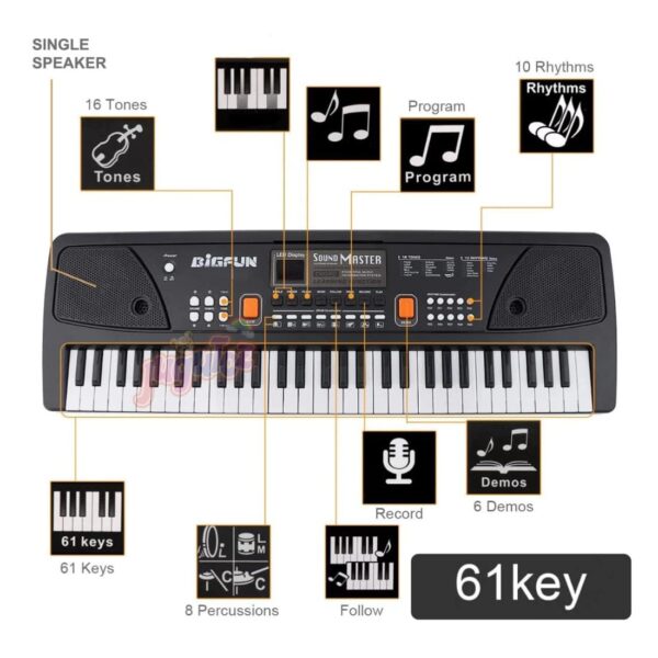KID KRAZE® Combo 61 Key Piano Keyboard with Recording and Mic with Musical Guitar for Kids - Analog Portable Keyboard (Black) - Image 3
