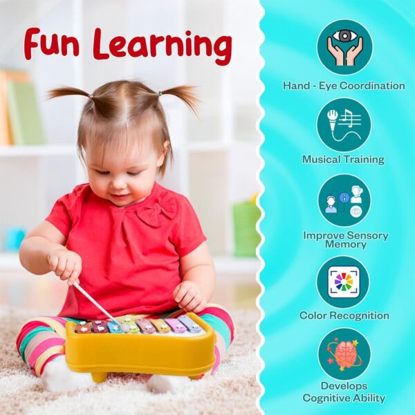 Kid Kraze® 2 in 1 Baby Piano Xylophone Toy for Toddlers 1-3 Years Old | 8 Multicolored Keys, Keyboard Xylophone Piano, Musical Learning Instrument Toy – Yellow - Image 3