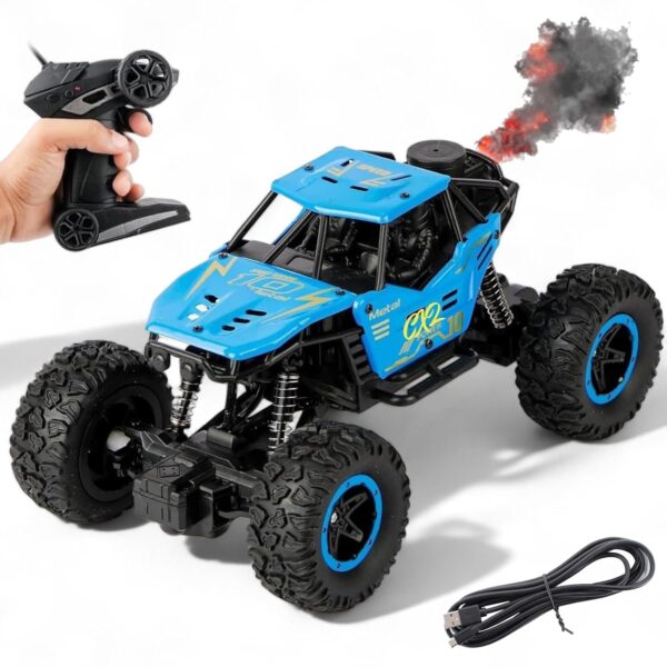Remote Control Monster Truck RC Car | Big Size Off Road 2WD Rock Crawler 45° Climbing Angle Rechargeable Battery Water Mist Spray and High Speed Racing Toy (Blue)