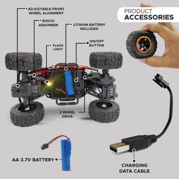 Remote Control Monster Truck RC Car | Big Size Off Road 2WD Rock Crawler 45° Climbing Angle Rechargeable Battery Water Mist Spray and High Speed Racing Toy (Red) - Image 2