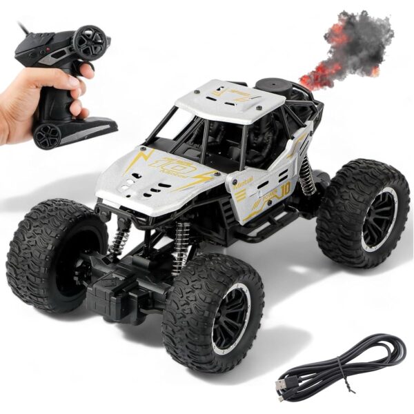 Remote Control Monster Truck RC Car | Big Size Off Road 2WD Rock Crawler 45° Climbing Angle Rechargeable Battery Water Mist Spray and High Speed Racing Toy (Silver)