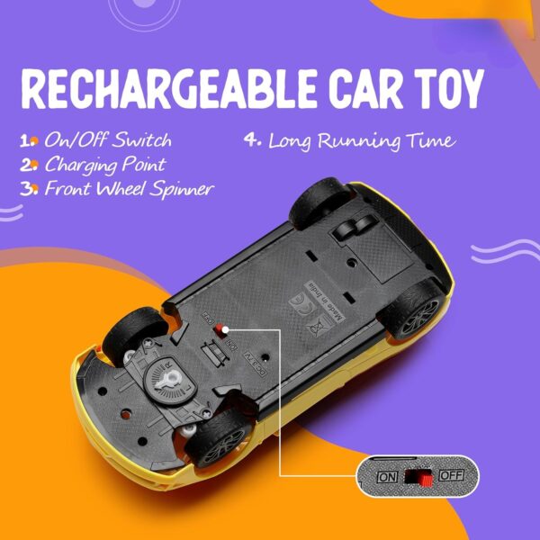 Rechargeable Remote Control Car Toy | Power Source: Lithium Rechargeable Battery for Car (Included) & 2xAA Battery for Remote Controller (Not Included) (Yellow) - Image 2