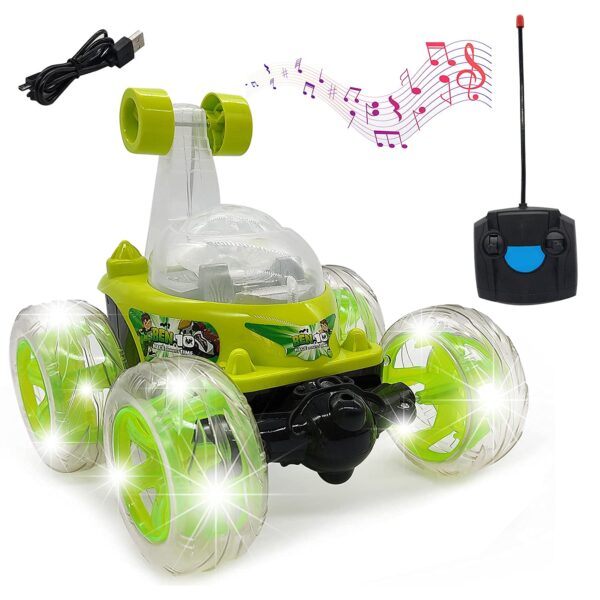 KID KRAZE® Rechargeable Rotating & Rolling Big Stunt Racing Car Toy with USB Charging Cable & Remote Control, Multicolor (Green)