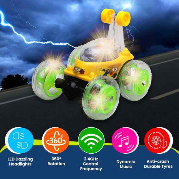 KID KRAZE® Rechargeable Rotating & Rolling Big Stunt Racing Car Toy with USB Charging Cable & Remote Control, Multicolor (Green) - Image 3