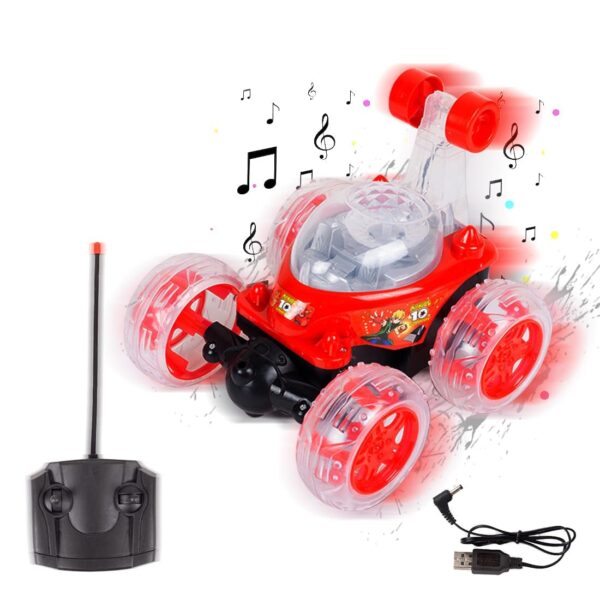 KID KRAZE® Rechargeable Rotating & Rolling Big Stunt Racing Car Toy with USB Charging Cable & Remote Control, Multicolor (Red)