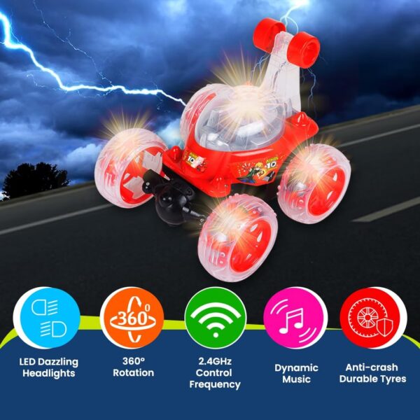 KID KRAZE® Rechargeable Rotating & Rolling Big Stunt Racing Car Toy with USB Charging Cable & Remote Control, Multicolor (Red) - Image 3
