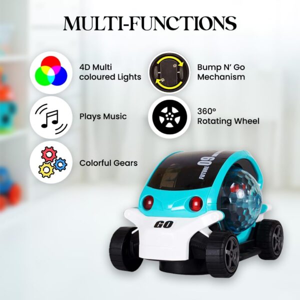KID KRAZE® Battery Operated Stunt Car Toy with Music & 4D Vibrant Light Effects | Bump & Go Action Car Toy for Kids/Babies/Girls/Boys | Power Source: 3xAA Battery (Not Included) (Blue) - Image 3