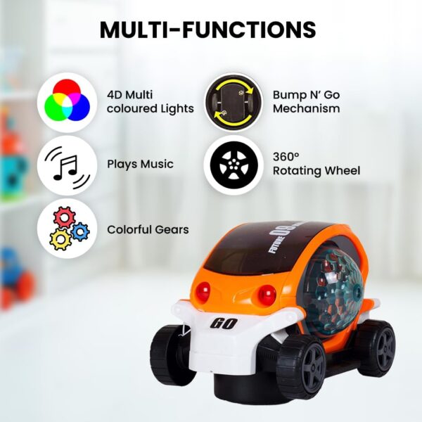 KID KRAZE® Battery Operated Stunt Car Toy with Music & 4D Vibrant Light Effects | Bump & Go Action Car Toy for Kids/Babies/Girls/Boys | Power Source: 3xAA Battery (Not Included) (Orange) - Image 2
