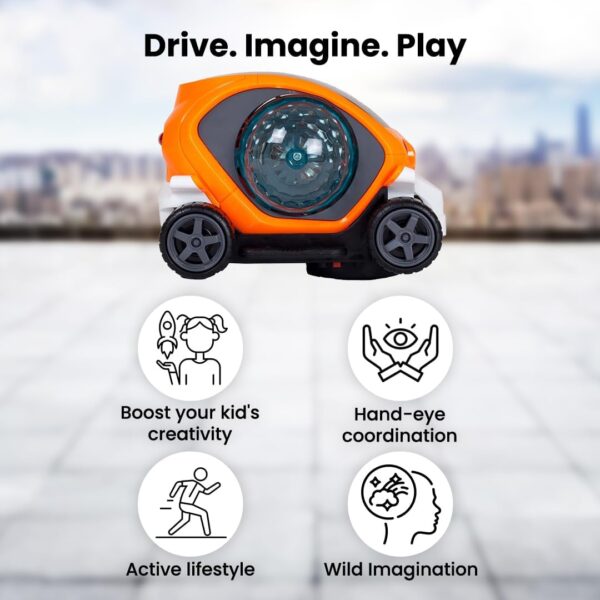 KID KRAZE® Battery Operated Stunt Car Toy with Music & 4D Vibrant Light Effects | Bump & Go Action Car Toy for Kids/Babies/Girls/Boys | Power Source: 3xAA Battery (Not Included) (Orange) - Image 4