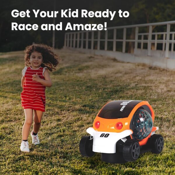 KID KRAZE® Battery Operated Stunt Car Toy with Music & 4D Vibrant Light Effects | Bump & Go Action Car Toy for Kids/Babies/Girls/Boys | Power Source: 3xAA Battery (Not Included) (Orange) - Image 5