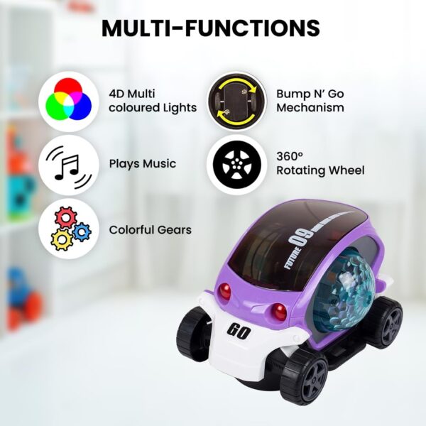 KID KRAZE® Battery Operated Stunt Car Toy with Music & 4D Vibrant Light Effects | Bump & Go Action Car Toy for Kids/Babies/Girls/Boys | Power Source: 3xAA Battery (Not Included) (Purple) - Image 2