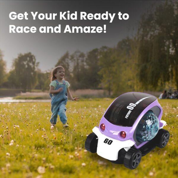 KID KRAZE® Battery Operated Stunt Car Toy with Music & 4D Vibrant Light Effects | Bump & Go Action Car Toy for Kids/Babies/Girls/Boys | Power Source: 3xAA Battery (Not Included) (Purple) - Image 5